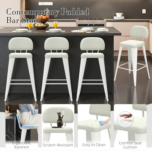 Image of 24 Inch Metal Bar stools Set of 2, Upholstered Bar Stools with Removable Back & Metal Legs, Industrial Barstools for Kitchen Island, Cafe (Beige Seat, White Legs)