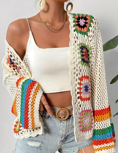 Kinghua Floral Crochet Cardigans for Women Trendy Spring Fall Hollow Out Open Front Boho Cardigan Sweater Tops2