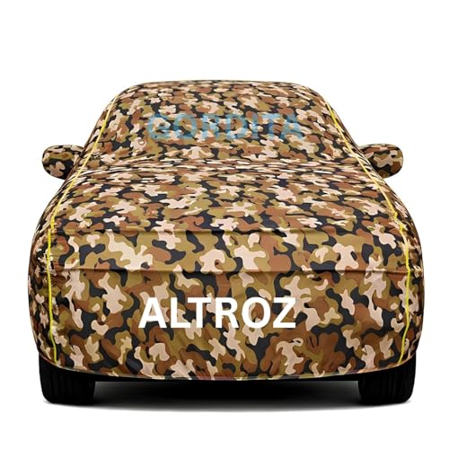 Image of Waterproof Car Body Cover for Altroz All Weather Protection Comes with Inner Cotton Lining & Triple Stitched with Mirror & Antenna Pocket Belt & Elastic Fit Army with Yellow Piping2