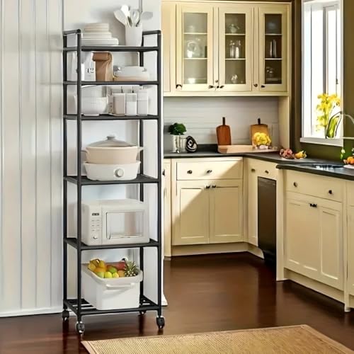 JOYA KID Estante Organizadora de Cozinha com Rodízios - 6 Prateleiras em Metal, Resistente, Ideal para Micro-ondas, Utensílios e Alimentos, Preto