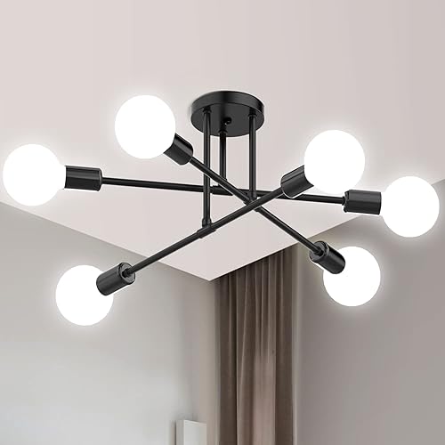 Modern Sputnik Chandeliers, Ceiling Light Fixture 6-Light Ceiling Lights for Bedroom Kitchen Dining Room Living Room Black E26 Bulb Base Dimmable Black