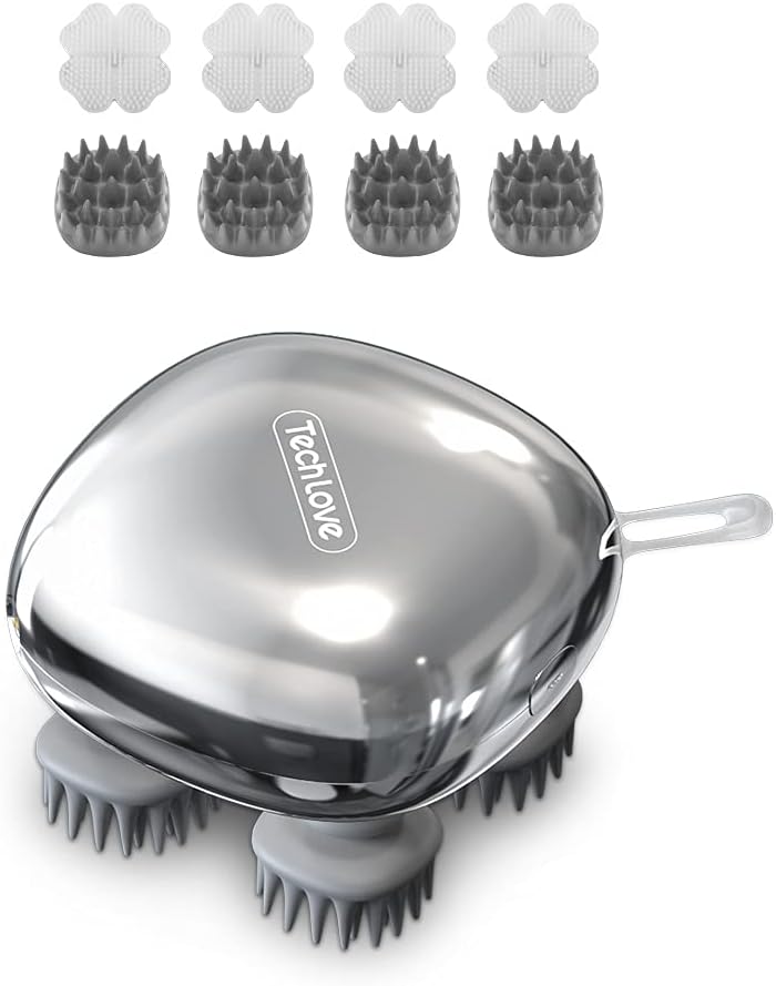 Tech Love Electric Scalp Massager with 8 Replacement Massage Heads & 100 Nodes, Portable Head Massager for Stress Relief, Deep Cleaning, Full Body Massage, Powered Facial Cleansing & Massage Brushes : Health & Household