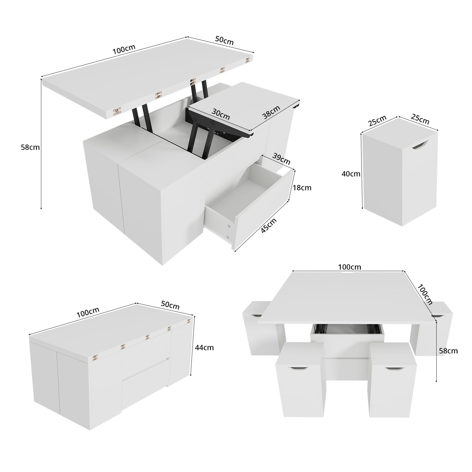 VOWNER Mesa de Centro Elevable Extensible (Blanco) | Multifuncional 4 en 1 con 4 Taburetes para Comedor de Salón