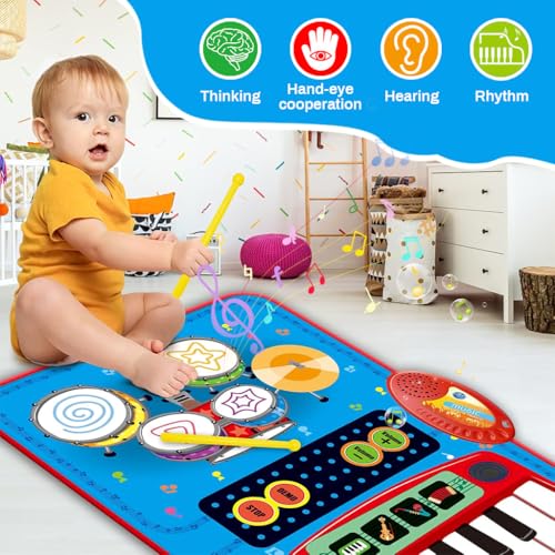 Image of PATPAT 8 Instrument Piano Keyboard Musical Mat for Kids 1-6 Years, 8 Sounds and 6 Modes Foldable Baby Drum Mat Educational Music Play Mat Toy Gift for Boys and Girls 90*70 CM