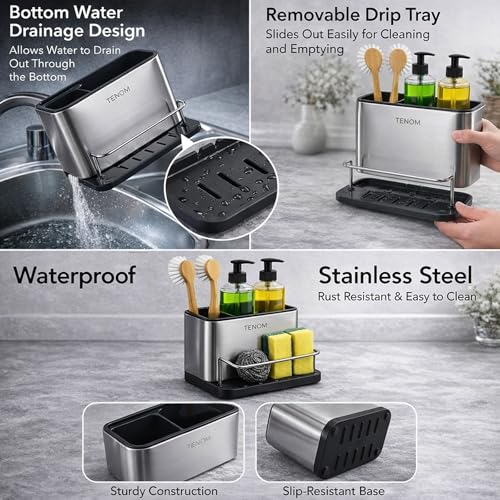 Image of Tenom Kitchen Sink Organiser, Sponge Holder & Dishwashing Liquid Rack, Stainless Steel Rust Proof Dishwasher Safe Space Saving Sink Organizer (Without Dispenser Pump)