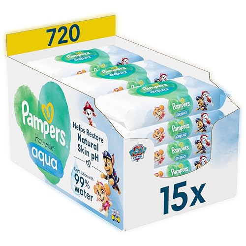 Pampers Harmonie Aqua Baby-Feuchttücher Paw Patrol 15 Packungen mit 48 Feuchttüchern 720 Baby-Feuchttücher helfen den natürlichen pH-Wert der Haut wiederherzustellen leichte Lotion mit 99% Wasser
