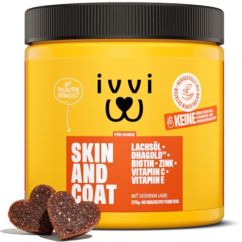 ivvi Skin & Coat Omega 3 für Hunde gegen Juckreiz im Leckerliformat, für gesunde Haut & glänzendes Fell – mit Biotin, DHAgold, Zink, Vitamin C, Lachsöl - 60 leckere Snacks (270g) mit Lachs