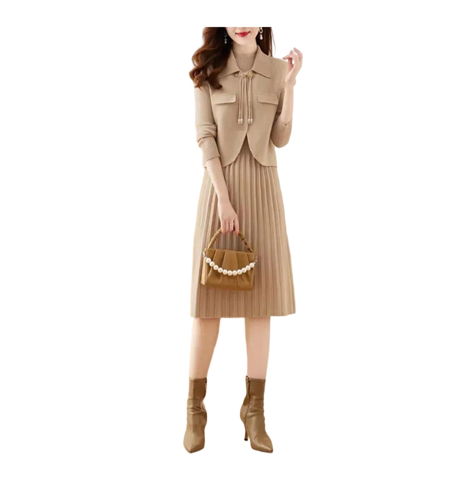 Hcclijo Lapel Neck Vest Long Sleeve Pullover A-Line Dress Knitted Set Women