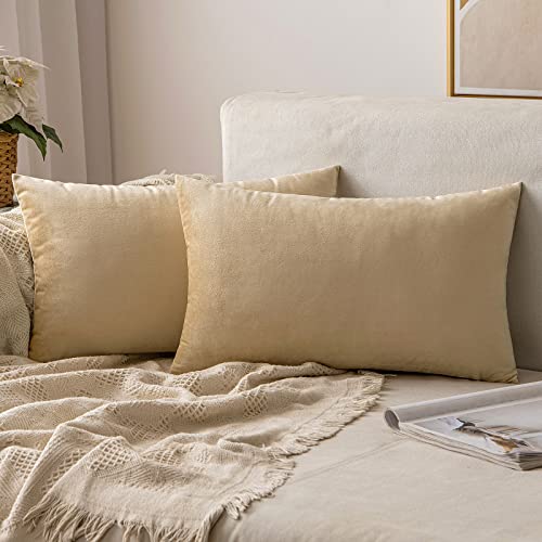 Image of MIULEE Velvet Throw Pillow Covers 12x20 Inch, Pack of 2 - Beige, Soft Solid Lumbar Decorative Pillow Covers Modern Luxury Home Decor for Spring Couch Sofa Bedroom Livingroom