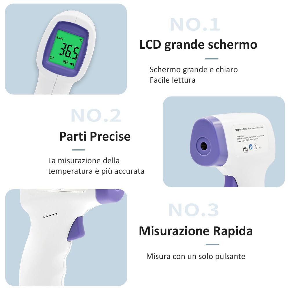 Termometro Febbre, Termometro Frontale per Neonati Termometro Infrarossi Termometro Multifunzione Senza Contatto Misurazione Rapida e Accurata con Lettura Istantanea, Allarme Febbre