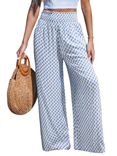 CUPSHE Womens Trousers Wide Leg Elastic High Waisted Beach Trousers Cotton Linen Summer Palazzo Pants Light Blue XL