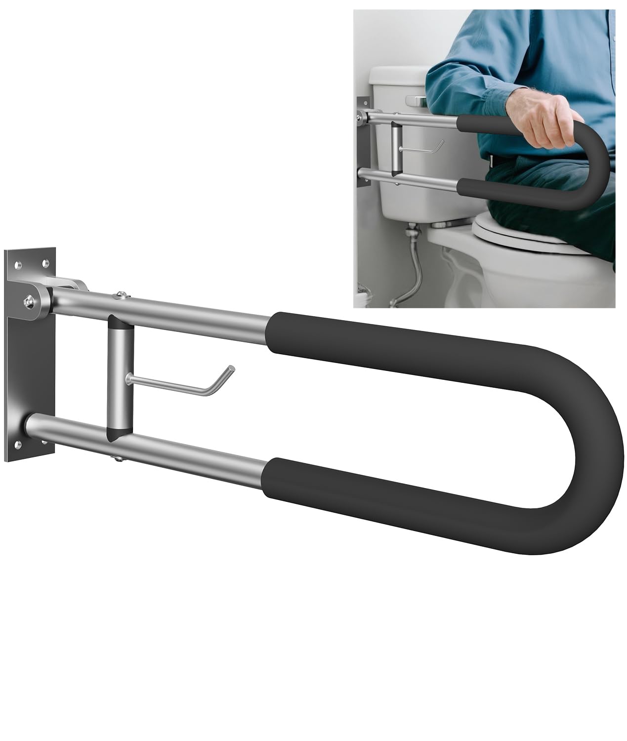 Foldable Toilet Safety Grab Bar, Aluminum Alloy Wall Mounted Handicap Support Rail for Elderly, Disabled, or Recovery Use, Bathroom Handicap Bars for Toilet or Shower