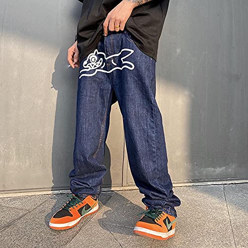 KAL'ANWEI Chien Volant Imprimer Droit Lâche Jeans Lâche Mens Rétro High Street Surdimensionné Décontracté Deniers Pantalons Harajuku Lavé Hip Hop Jean Pants-Bleu_S Cover