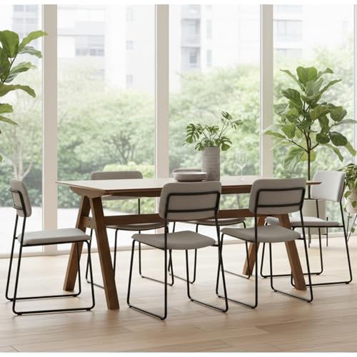 Image of DUOMAY Wooden Dining Table, Square 59 inch Wide Kitchen Table for 4-6 People, Mid Century Rectangular Dinner Table with Trestle Base for Home Restaurant, Walnut Color