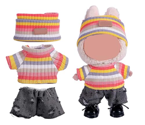 Clothes for 17cm Doll (NO Doll),Adorable Outfit ，Handcrafted Clothes Set with Dress Up ,Ropa Accessories Hat + Sweater + Pants (Rainbow + Black)