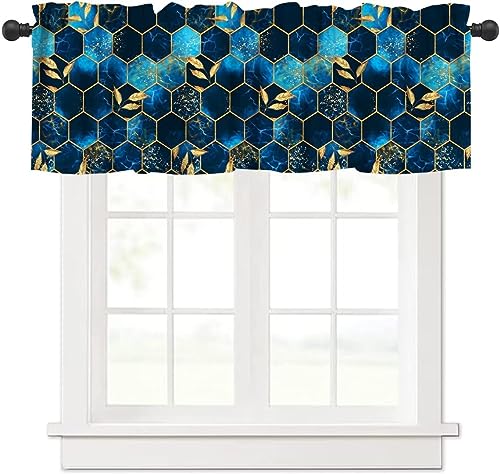 Image of Sky Blue Honeycomb Marble Window Valance Curtain, Abstract Green Marble Hexagon Texture Golden Leaves Window Treatment Valances for Kitchen Living Room Cafe Decor 54'x18', 1 Panel