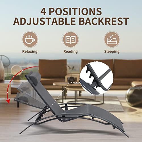 Varvind Patio Chaise Lounge Chair Set Of 3,Aluminum Outdoor Lounge Chair With Headrest,Sunbathing Lounger,Pool Tanning Chairs,Armrest Recliner Chiar With Side Table For Beach,Garden，Lawn(Grey) #TOP4