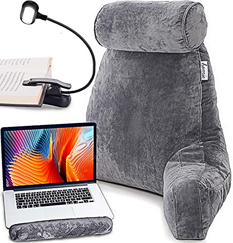 Premium Reading Bed Rest Pillow with Reading Light and Wrist Support, Has Arm Rests, Neck Roll, and Back Support for Lounging, Reading, Working on Laptop, Watching TV in Bed, Has Memory Foam Filling