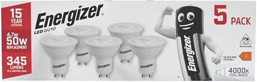 Energizer GU10 LED Bulbs Cool White. 50w Equivalent Spotlight Bulbs. 4000k 345 Lumen. Non Dimmable - Pack of 5 | 345-lumen non-dimmable GU10 spotlight bulbs for kitchen, bathroom and ceiling lighting, with energy-saving LED technology.