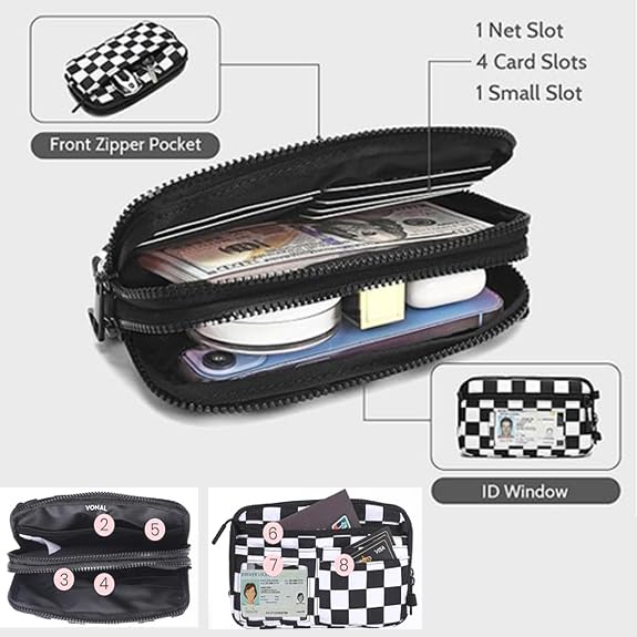 Wristlet Wallets for Women- Nylon Checkered Wristlet with 4 Zippers, Crossbody RFID Wrist Purse Carry All Wallets4