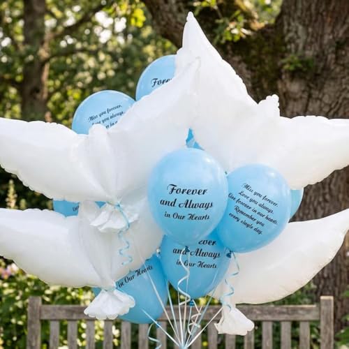 Image of 26 Pieces Blue Memorial Biodegradable Funeral Remembrance Balloons and 41.3 Inch Dove Balloons for Release to Celebrate Life, Bereavement, Condolences, Anniversary services