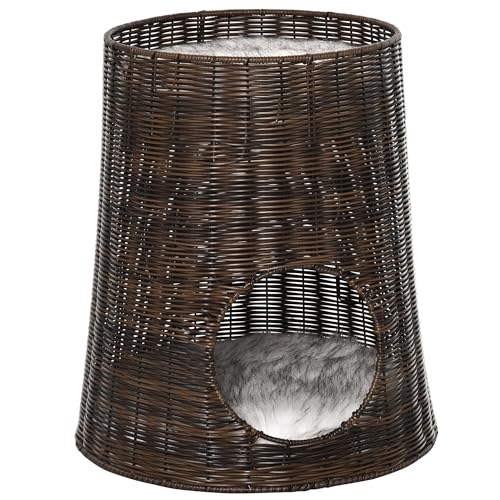 Pawhut Cesta de Ratán para Gatos Cama Cueva de 2 Niveles con Cojines Lavables 45 x 50 cm Marrón Oscuro