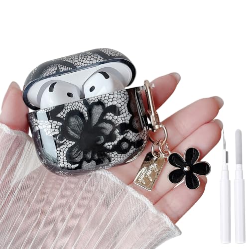 Image of MINSCOSE for AirPods 4 Clear Case,Cute Lace Flower Pattern Design with Trendy Keychain,Soft TPU Protective Shockproof Cover with Cleaner Kit for Girls Women for AirPods 4-Black