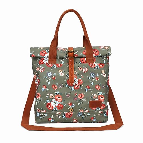 TOURBON Canvas Bike Bag for Bicycle Rear Rack Pannier Roll-top Women Tote Shoulder Bag (Green with Flower)