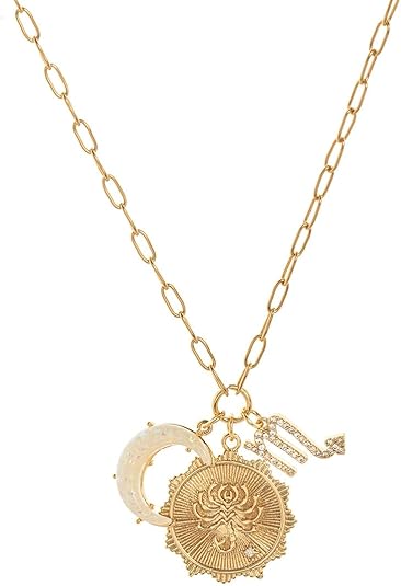 Zodiac Necklaces for Women,14K Gold Zodiac Sign Coin Necklace with Opal Crescent Moon 12 Constellation Astrology