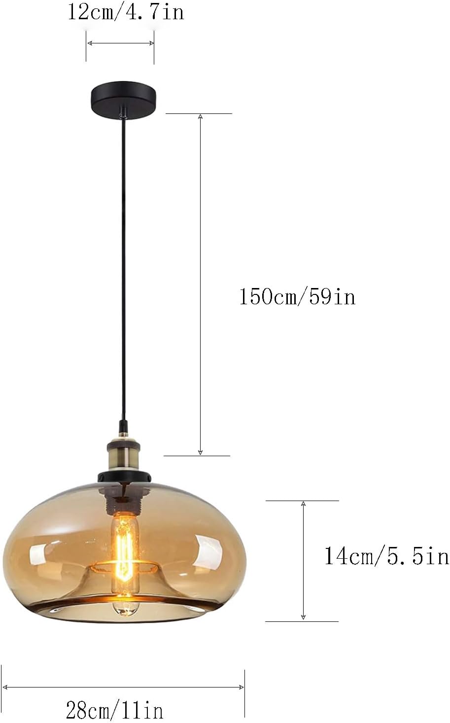 11" Amber Glass Pendant Light Industrial Vintage Design Suitable for Kitchen Island Bedroom Dining Room Adjustable Height E26 Bulb Compatible (Amber)