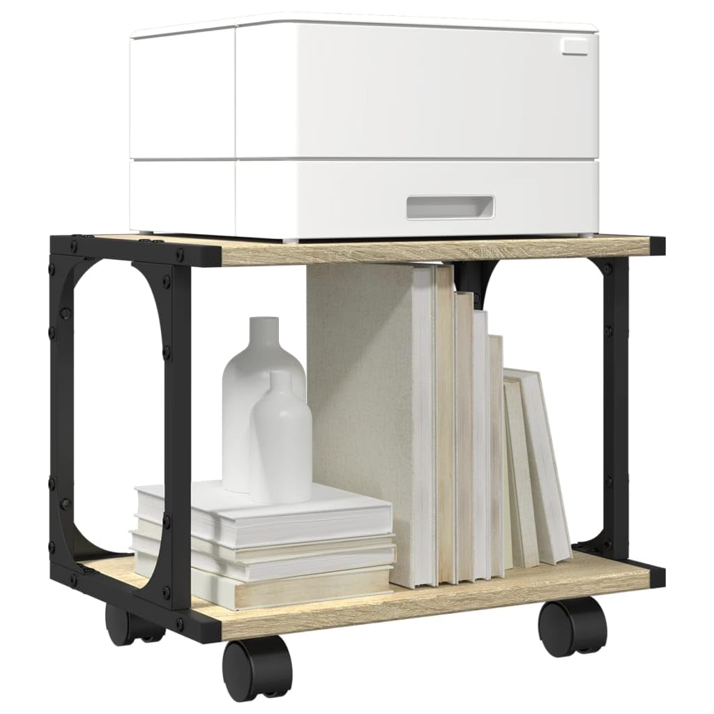 Druckerständer Sonoma-Eiche mit 2 Ablagen und 4 Rollen, 41x28x33,5 cm, fahrbarer Büro Organizer mit Stauraum und Ablage, mobiler Druckerwagen für Homeoffice und Arbeitszimmer