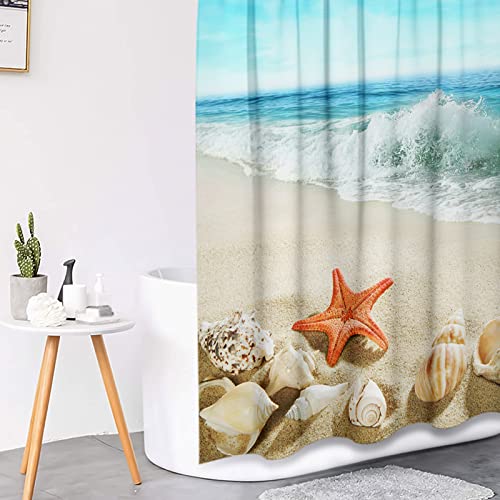 Tayney Beach Seashell Shower Curtain Set With Toilet Lid Cover And Non-Slip Rugs, Blue Ocean Waves 4 Pcs Shower Curtain Set, Sea Starfish Bathroom Shower Curtain Set With 12 Hooks Accessories #TOP3