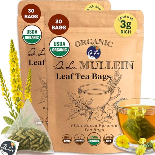 2 Pack of Dr. Lu's Organic Mullein Leaf Tea | Respiratory Support | 60 x 3g Premium Fill Corn Fiber Pyramid Bags (No Plastic, No Nylon)