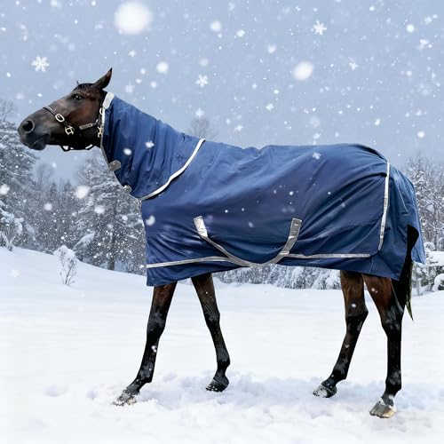 Image of 1200D Horse Turnout Blanket with Detachable Neck Cover, Medium Weight Water-Resistant Blanket,Winter Horse Blanket for Real Horses(72in /135cm)