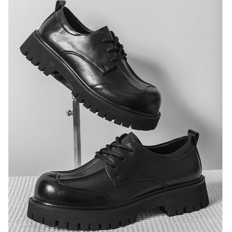 Image of Men's Patent Leather Platform Dress Shoes Classic Round Toe Thick Lug Sole Lace Up Oxfords Comfort Block Heel Derby Business Casual Shoes