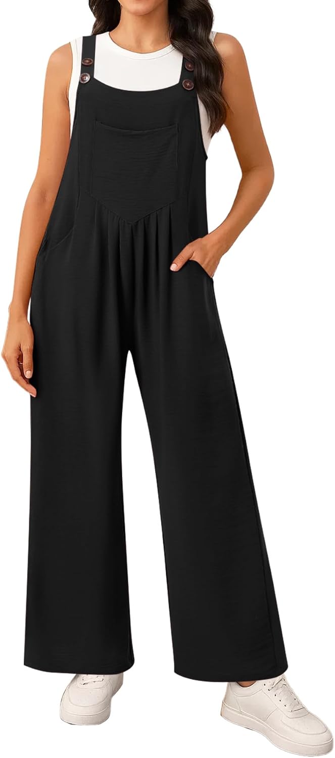 NILOUFO Women Wide Leg Bib Overalls Casual Loose Jumpsuits Sleeveless Adjustable Strap Rompers with Pockets