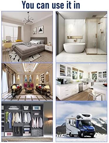 A collage of images showing various indoor spaces where the dehumidifier can be used, including a bedroom, bathroom, living room, kitchen, wardrobe, and caravan.