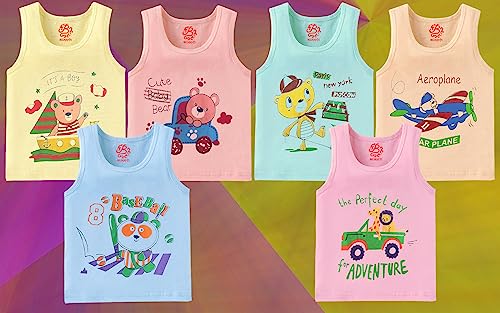 Image of BENAVJI Light Color Printed Soft Cotton Regular Fit Sleevless Baniyan Unisex Boys' & Girls Kids Vest Pack of 6