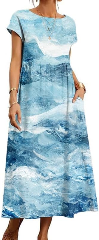 Cotton T Shirt Dresses for Women Cap Sleeve Crewneck Empire Waist Flowy Swing Summe...