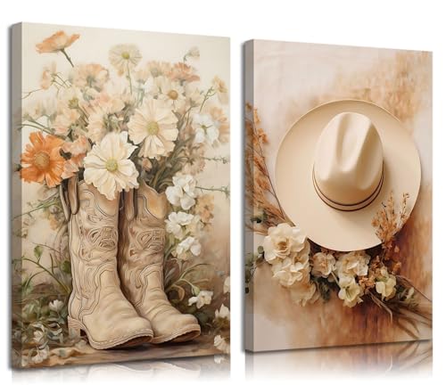 Image of NNX 2pcs Vintage Western Cowgirl Canvas Wall Art: Coastal Cowgirl Boots & Hats Posters - Trendy Preppy Dorm Room & Living Room Wall Decor - Ready To Hang