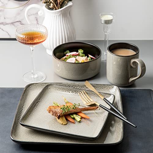 Arora Flackar Square Stoneware 16Pc Double Bowl Dinnerware Set For 4, Dinner Plates, Side Plates, Cereal Bowls, Pasta Bowls - Reactive Glaze Grey (476076) #TOP3