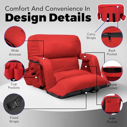 Wide Stadium Seats with Back Support, Exclusive Sofa Style Design Extra Thick Bleacher Chairs with Back and Cushion, 6 Reclining Positions - Ultimate Comfort for Sports Events (Red, 25") by yeyeeyyee - Image 4