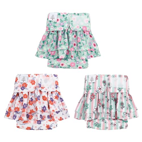 CuteBone Female Dog Diapers with Skirts 3 Pack Reusable Puppy Dresses Pants for Heat Cycle Period