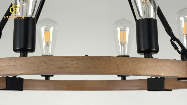 Image of Oak Wooden Wagon Wheel Chandelier 8-Light 23.6 inch Light Fixture