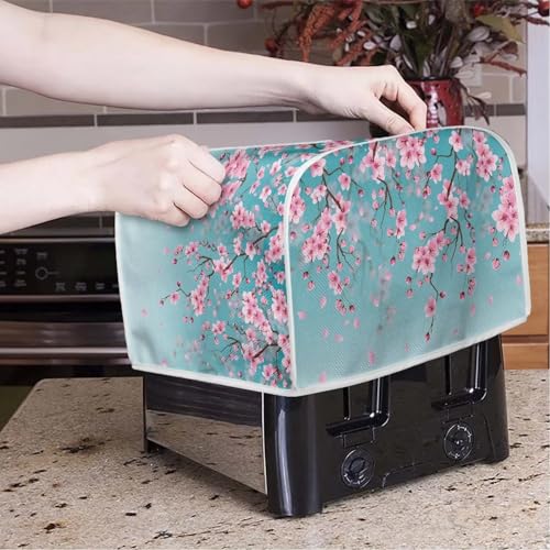 Image of Talayituse Cherry Blossom Print Toaster Dust Cover 4 Slice, Christmas Decoration Bread Maker Cover Toaster Covers Washable Stain Resistant Kitchen Small Appliance Cover, Blue