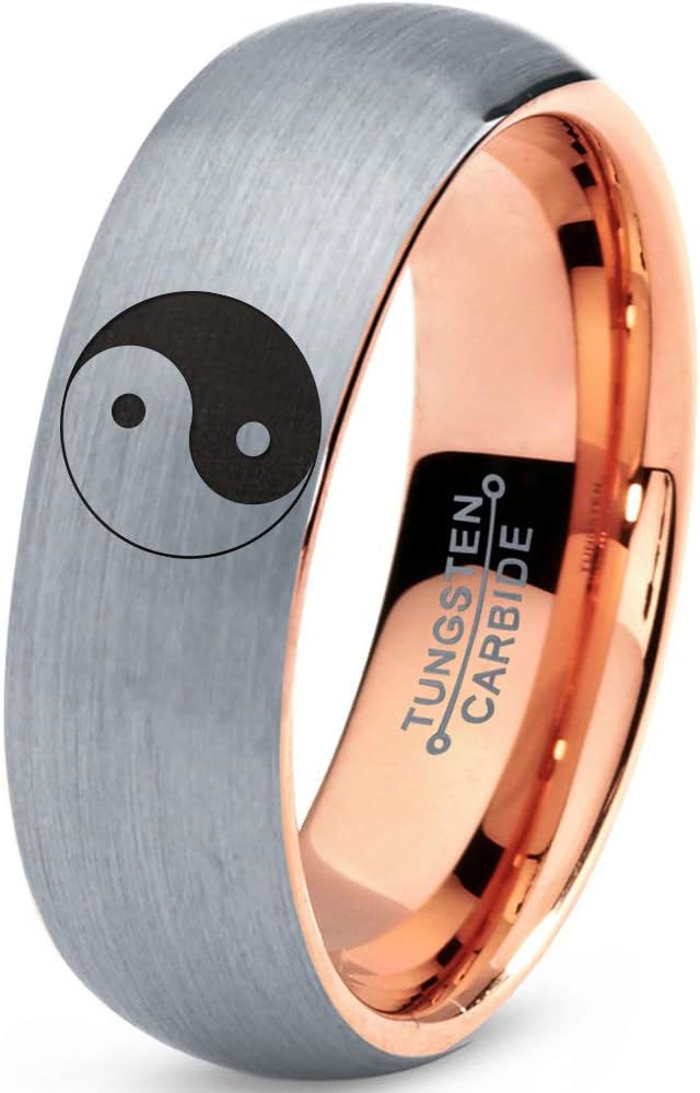 Balance Peace Yin-Yang Ring - Tungsten Band 8mm - Men - Women - 18k Rose Gold Step Bevel Edge - Yellow - Grey - Blue - Black - Brushed - Polished - Wedding - Gift Dome Flat