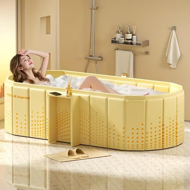 Image of Portable Foldable Adult Bathtub for Home, Large Plastic Soaking Tub with Drain Pipe, Freestanding Spa Bath Tub for Hot & Cold Bath, Balcony & Small Bathroom Use (Golden Glow Bathtub)