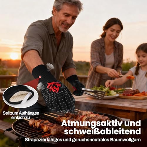 MLACXLT Grillhandschuhe Hitzebeständig bis 800°C – Feuerfeste Ofenhandschuhe & Topfhandschuhe, BBQ Kochhandschuhe, Backhandschuhe für Grill, Küche & Kamin, Rutschfestes Silikon, Schwarz (L)