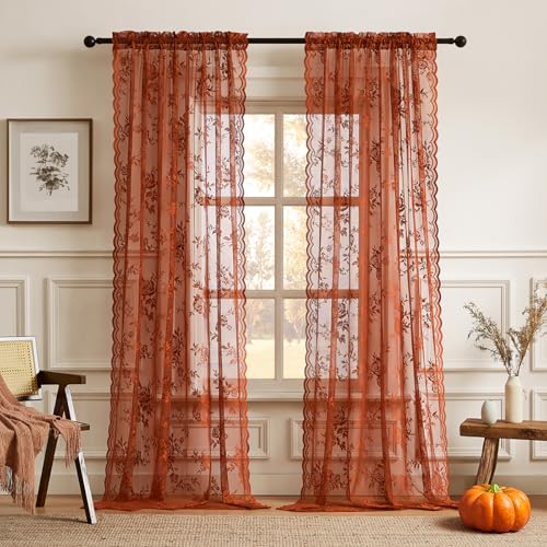 Terracotta Lace Curtains 84 Inches Long Country Rustic Floral Sheer Curtains for Living Room Bedroom Autumn Drapes Rod Pocket Light Filtering Orange Lace Curtain for Dining Room Fall Decor 52x84
