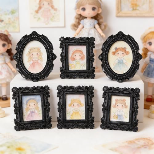 Image of 6 Pcs Mini Frames, Black Small Vintage Picture Frames Antique Resin Photo Frame for DIY Craft Galley Wall Hanging Jewelry Display Shooting Photo Props Christmas Decor (Without Backings)